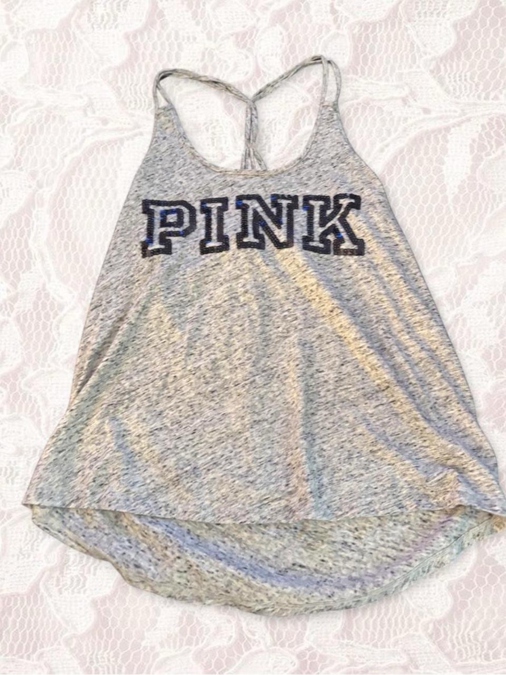PINK Victoria's Secret Heather Gray Racerback Tank with black Logo